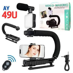 AY-49 Vlogging Kit | Portable Video Recording Setup with LED Light, Shotgun Mic & Flexible Tripod without Remote